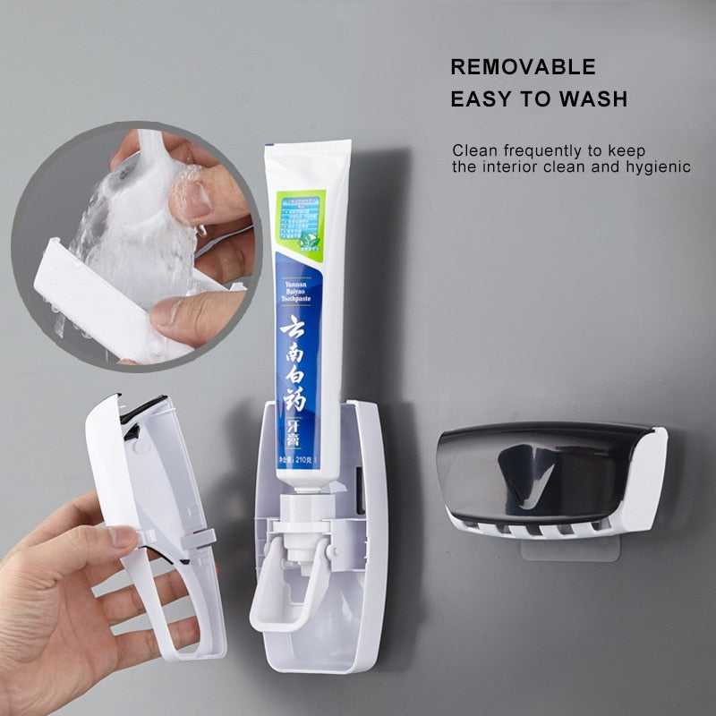 Set exprimidor dispensador automático de pasta de dientes. Soporte para cepillos de dientes a prueba de polvo. Almacenamiento de montaje en pared.